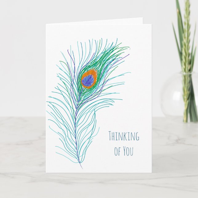 Thinking of You Hand drawn Peacock Feather Card (Front)