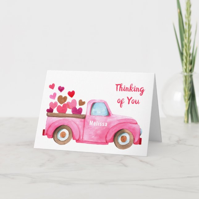 Thinking of You Hearts in Truck Personalized Pink Card (Front)