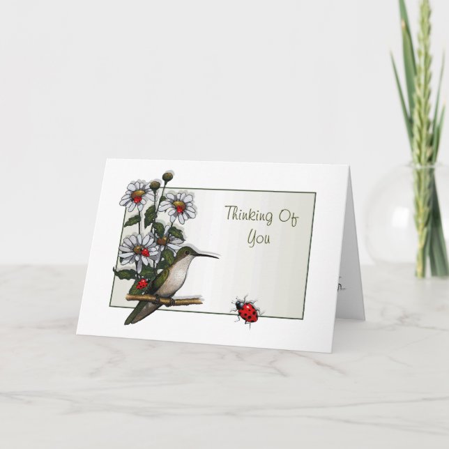 Thinking Of You:  Hummingbird, Daisies, Ladybugs Card (Front)