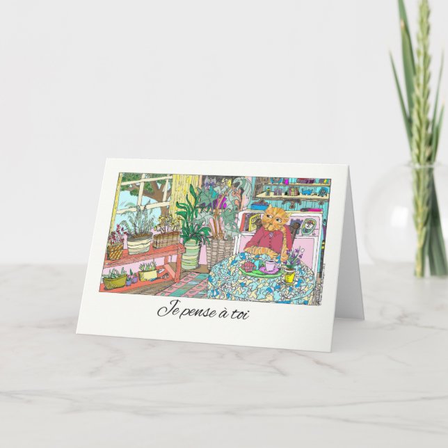 Thinking of You in French with Cat at Table Card (Front)