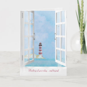 thinking of you lighthouse in window watercolor card