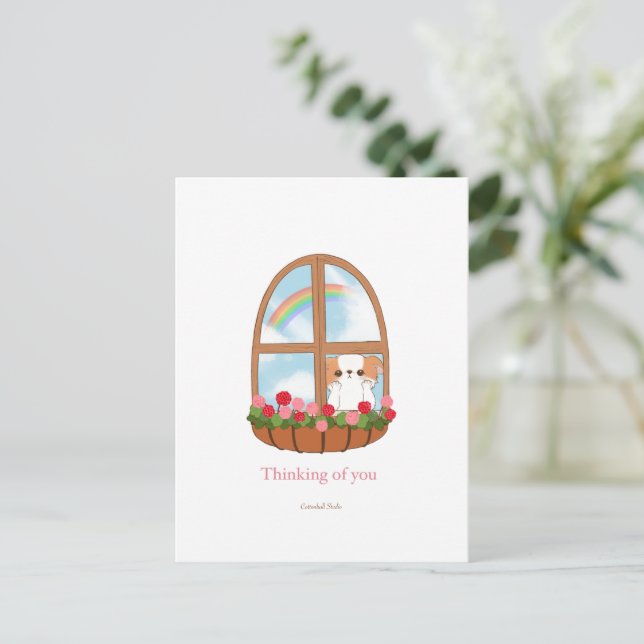 Thinking of you missing you cute puppy by window  postcard (Standing Front)