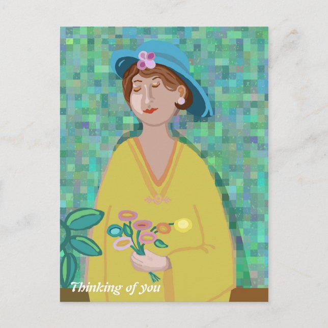 Thinking of you Modern Art Woman in a yellow dress Postcard (Front)