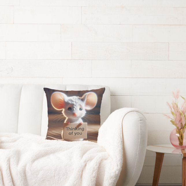 Thinking of You Mouse With Cardboard Sign Throw Pillow (Couch)