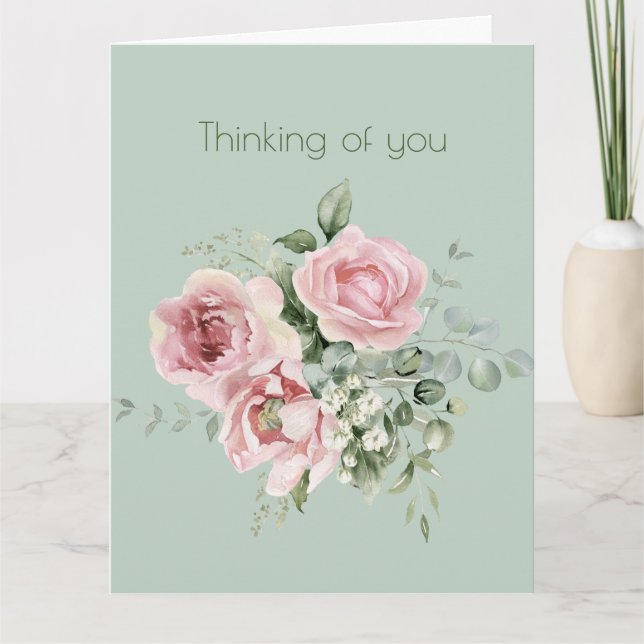 Thinking of You Pink Botanical Roses Sage Card (Front)