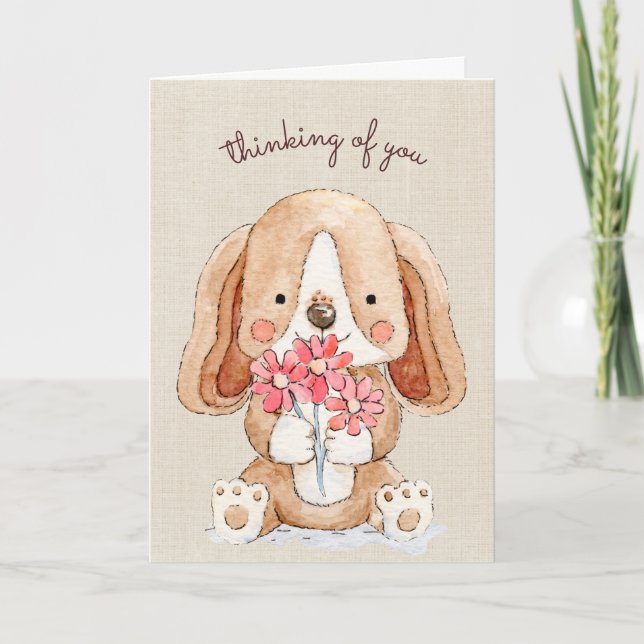 Thinking of You Puppy Dog with Flowers Card (Front)