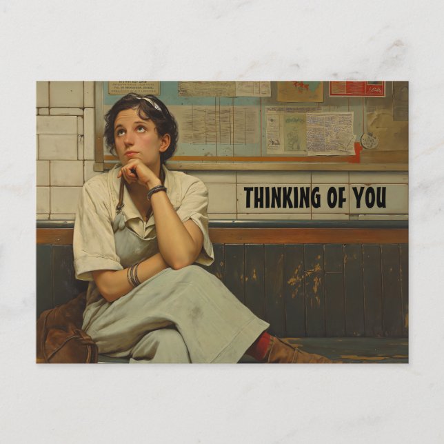 THINKING OF YOU RETRO WOMAN POSTCARD (Front)
