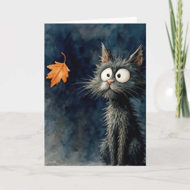 Thinking of You Scruffy Cat With Autumn Leaf Card (Front)