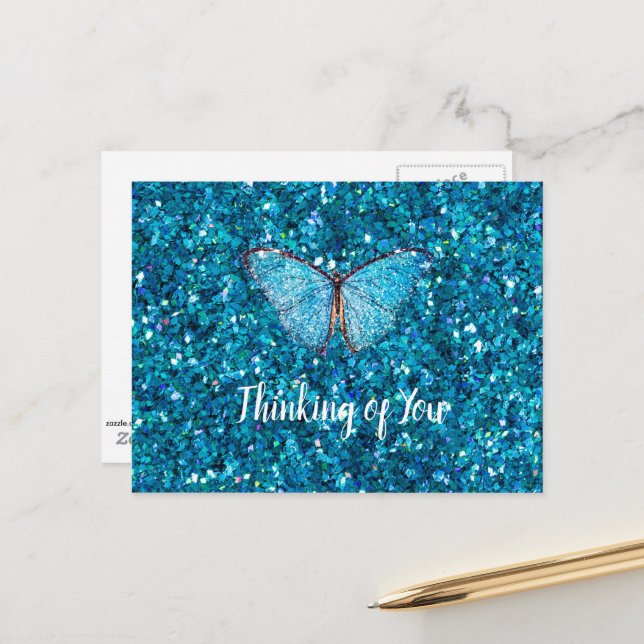 Thinking of You, Shiny Blue Butterfly Postcard (Front/Back In Situ)
