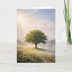 Thinking of You Solitary Green Tree with Sunbeams Card
