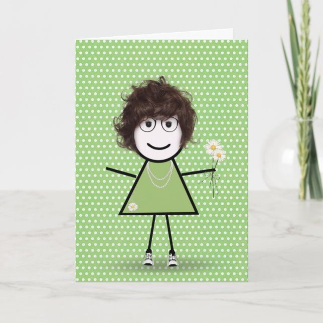 Thinking of You Stick Girl with Daisies Card (Front)