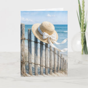 Thinking of You Straw Hat On a Beach Fence Card
