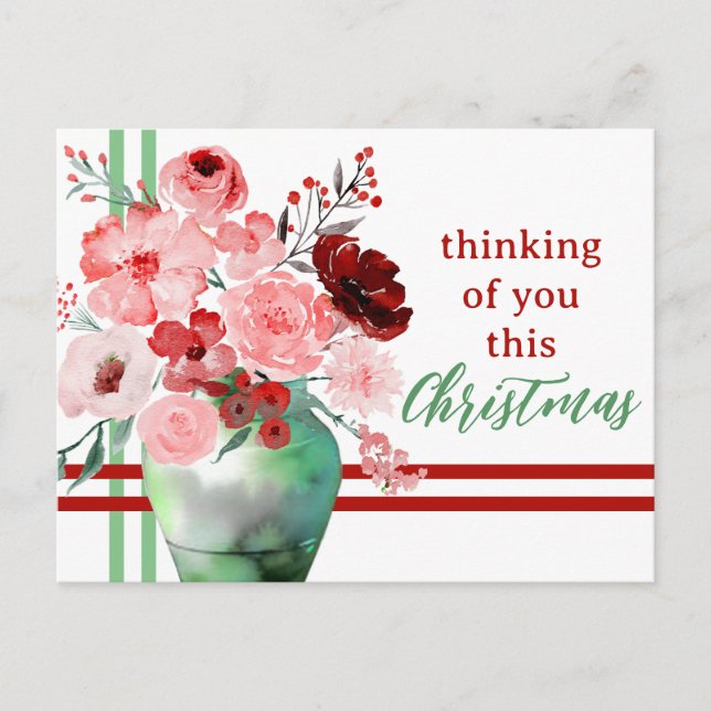 Thinking of You this Christmas Watercolor Flower Postcard (Front)