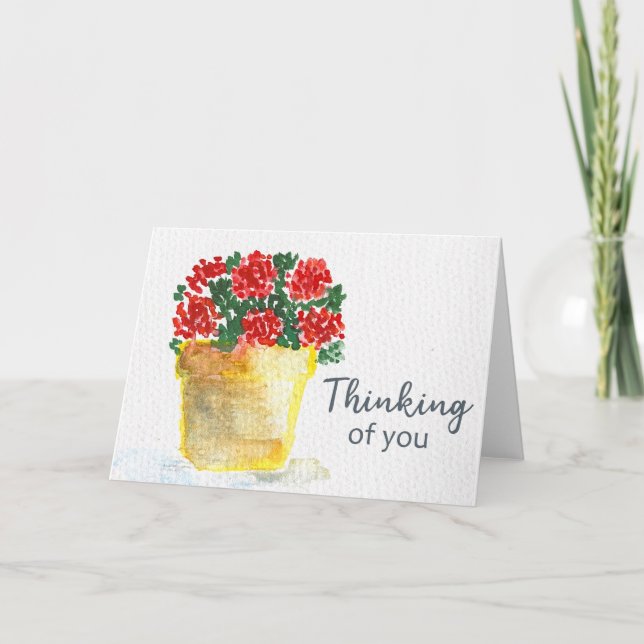 Thinking of You Watercolor Red Flowers in Pot Card (Front)