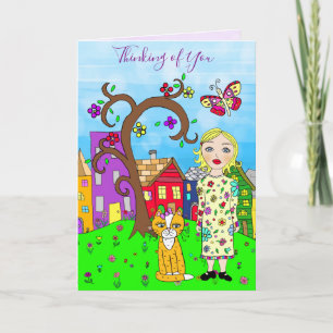 Thinking of You Whimsical Lady and Cat Friendship Card
