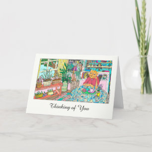 Thinking of You with Cat at Table Illustration Card