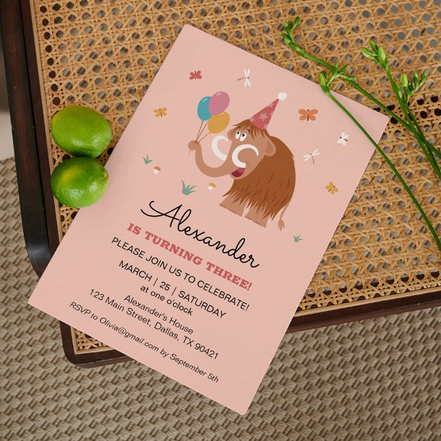 Third 3 Birthday Hat Cartoon Cute Mammoth Balloons Invitation (Creator Uploaded)