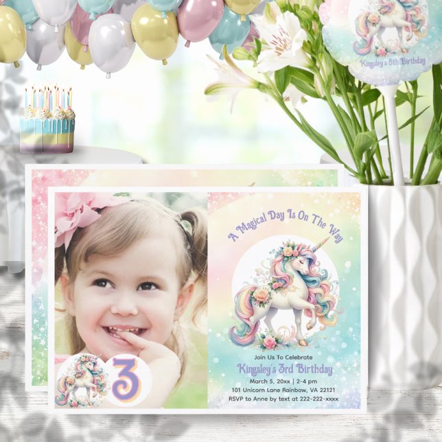 Third 3rd Unicorn Birthday Party Pastel Rainbow Invitation (Third 3rd Unicorn Birthday Party Pastel Rainbow Invitation)