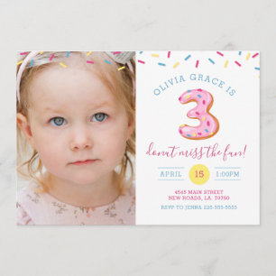 Third Birthday Doughnut Photo Card Invitation