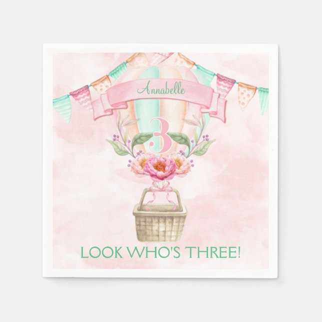  Third Birthday Hot Air Balloon Mint Pink Peach Napkin (Front)