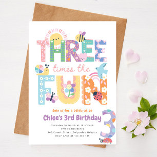 Third Birthday Invite Girl, Three Times the Fun