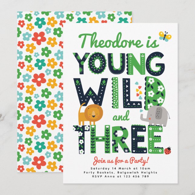Third Birthday Invite, Young, Wild and Three Boys Invitation (Front/Back)