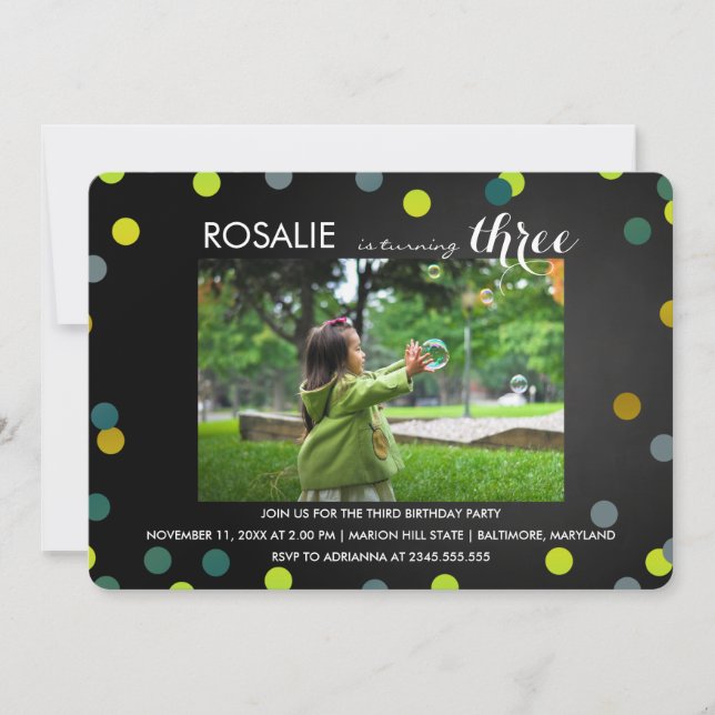 Third Birthday Party | Chalkboard Confetti Photo Invitation (Front)