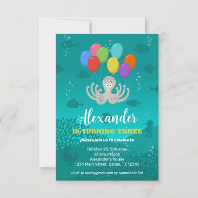 Third Birthday Party Octopus Balloons Invitation