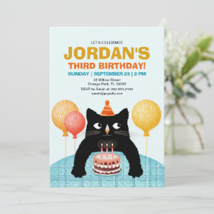 THIRD birthday party with funny cat and cake Invitation