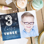 Third Birthday Silver Balloon | Blue Photo Party Invitation<br><div class="desc">Modern third birthday party invitation for your little toddler, designed with a photo of the birthday boy/girl, an ombre watercolor blue background, transparent bubble confetti, and a big silver number three helium balloon. The child's name is written in big calligraphy white text with a simple birthday template underneath that is...</div>