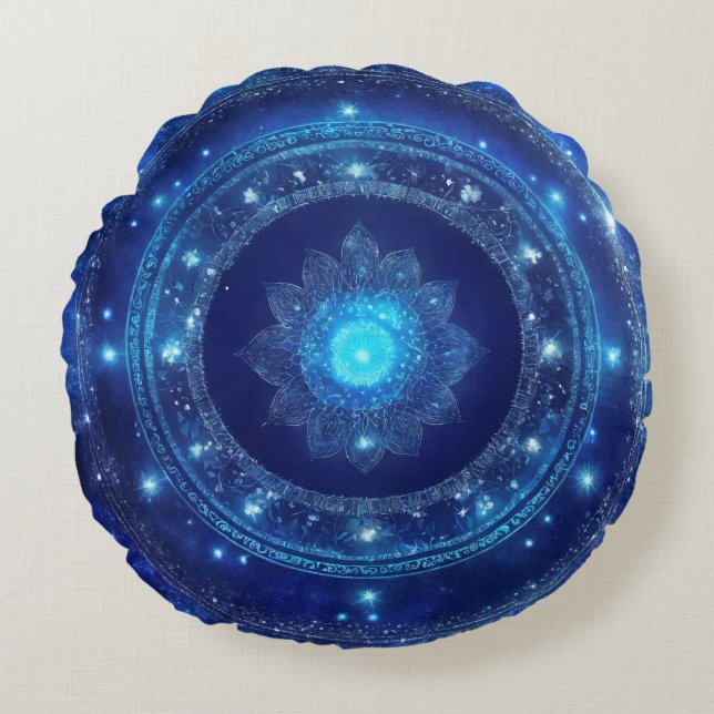 Third Eye Chakra Blue Mandala Meditation Round Pillow (Front)
