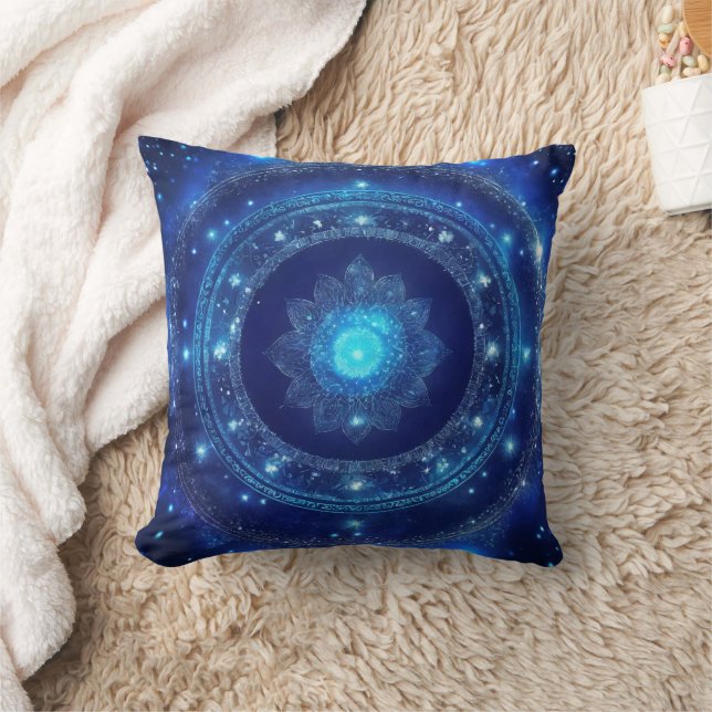 Third Eye Chakra Blue Mandala Throw Pillow (Blanket)