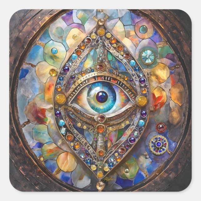 Third Eye on Stained Glass and Bronze Square Sticker (Front)