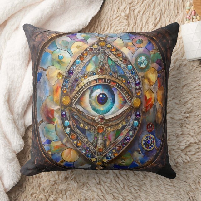 Third Eye on Stained Glass and Bronze Throw Pillow (Blanket)