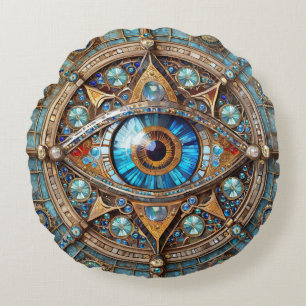 Third Eye - Turquoise Blue Gold Mandala Round Pillow