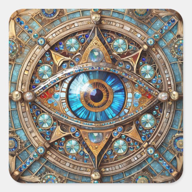 Third Eye - Turquoise Blue Gold Mandala Square Sticker (Front)