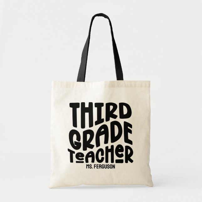 Third Grade Teacher Black Typography Design Tote Bag (Front)