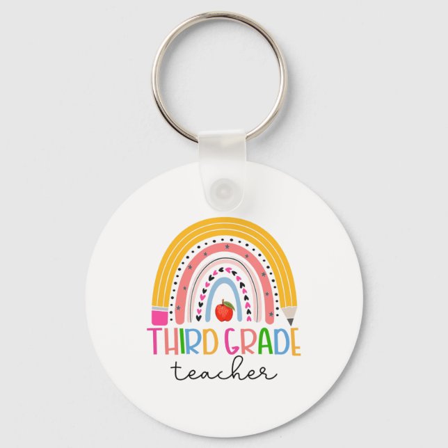 Third Grade Teacher Ck To School Boho Rainbow Leop Keychain (Front)