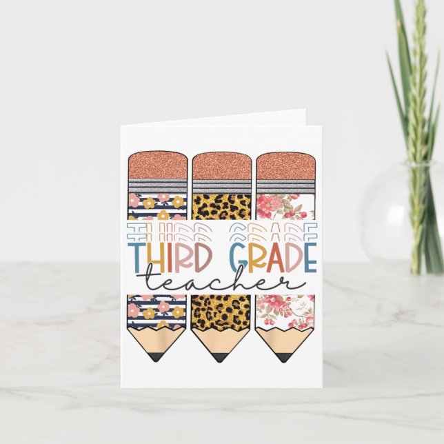 Third Grade Teacher Fun Leopard Pencil First Day O Card (Front)