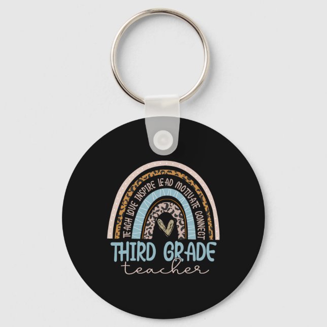 Third Grade Teacher Leopard Boho Rainbow Byck To S Keychain (Front)