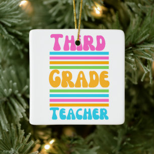 THIRD GRADE TEACHER Virbrant Colours Bubble Font Ceramic Ornament