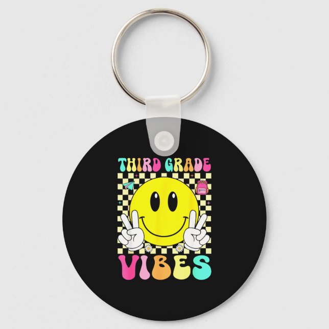 Third grade vibes retro smile face back to school keychain (Front)
