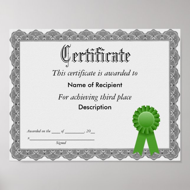 Third Place Green Ribbon Certificate Poster (Front)