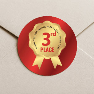 Third Place Medal Award Red & Gold Competition Classic Round Sticker