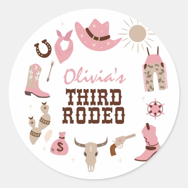 Third Rodeo Pink Western Cowboy 3rd Birthday Classic Round Sticker (Front)
