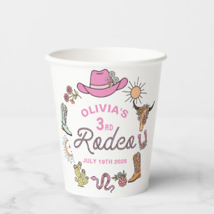 Third Rodeo Pink Western Cowboy 3rd Birthday Paper Cups