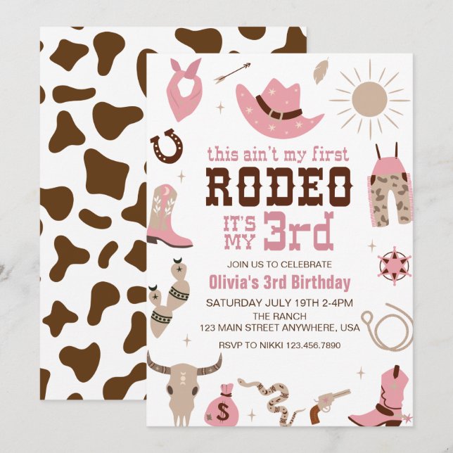 Third Rodeo Western Cowgirl 3rd Birthday Invitation (Front/Back)