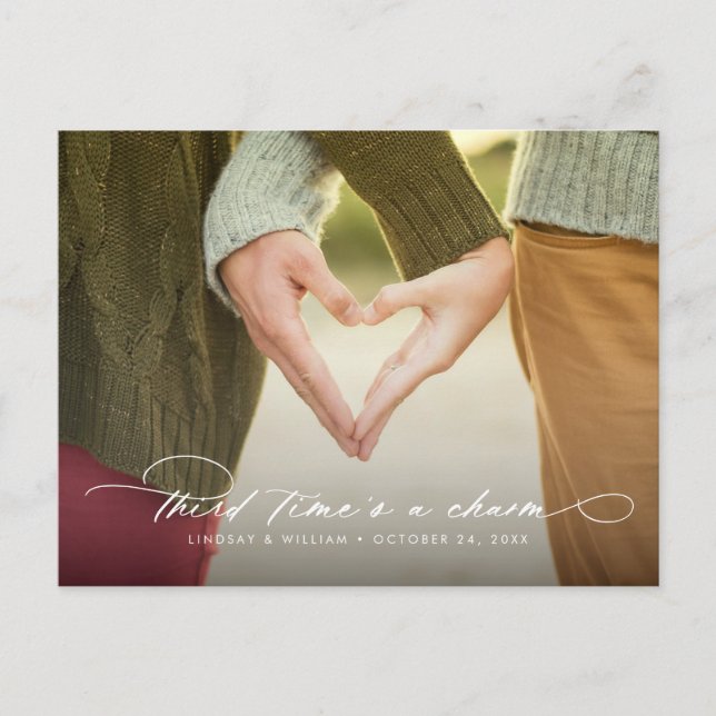 Third Time's a Charm Change the Date Announcement Postcard (Front)