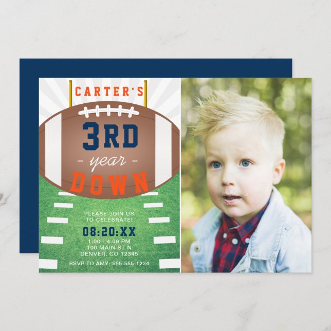  Third Year Down Football Theme 3rd Birthday Invitation (Front/Back)