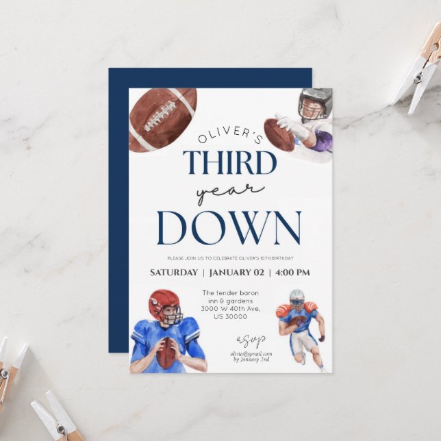 Third year down football theme boy 3rd birthday invitation (Front/Back In Situ)